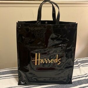 Harrods London Premium Vinyl Shopping Bag Tote Shopper Black Gold Large